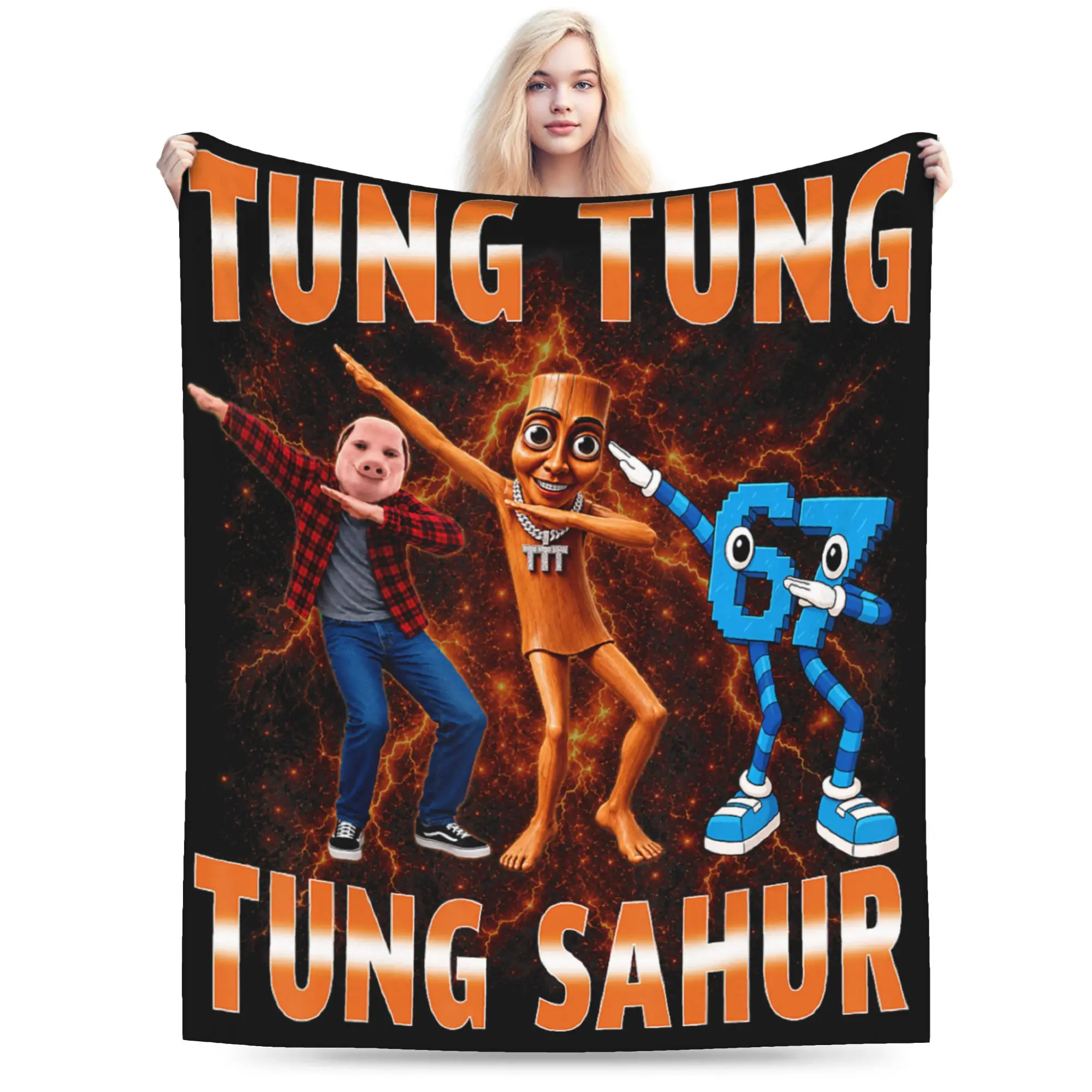 Tung Sahur John Pork is Calling Ke Mun San Dance 67 Meme Warm Comfy Blanket Travel Bedding Throws Bedroom Flannel Bedspread