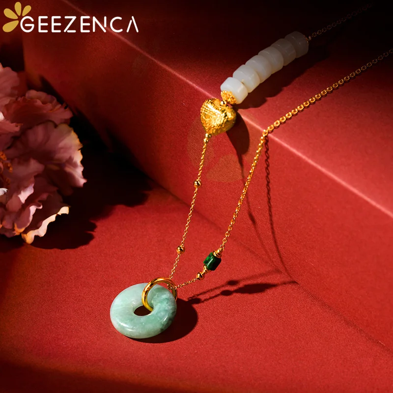 GEEZENCA S925 Silver Gold Plated Jade Peace Buckle Pendant Necklace For Women Vintage Handmade Chinese Style Lucky Necklace