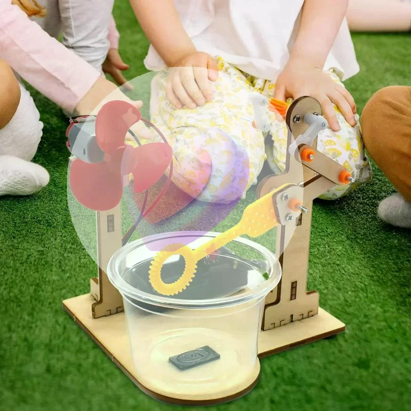 1 Set Vroeg Leren Speelgoed Technologie Houten DIY Hand Aangezwengeld Bubble Machine Speelgoed Voor Kinderen Wetenschapsexperiment Leermiddelen