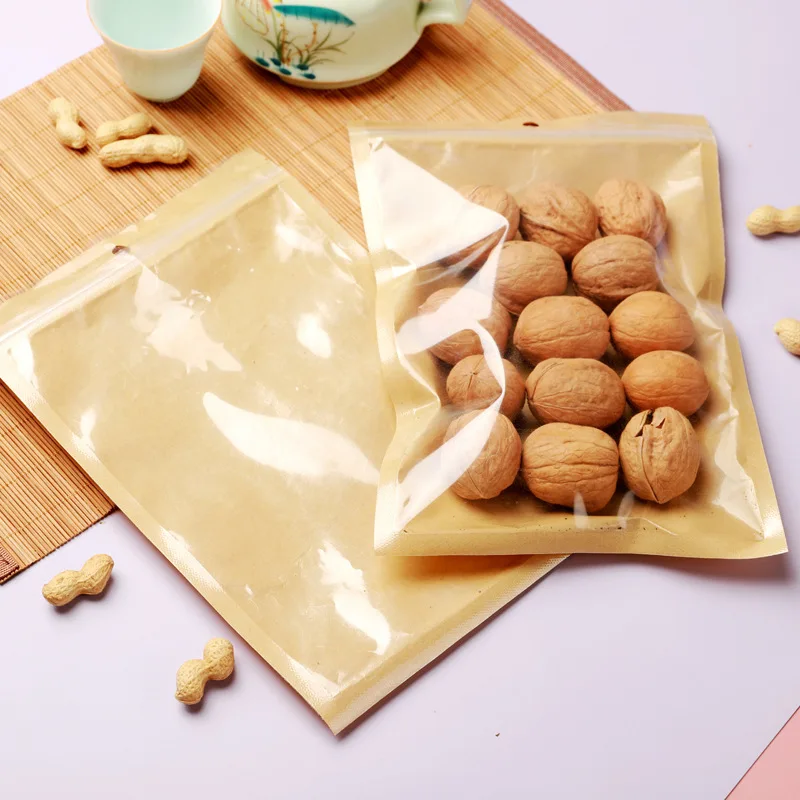 

Food Grade Small Ziplock Three Sides Sealed Brown Kraft Paper Bags With Clear Front For Tea / Snack