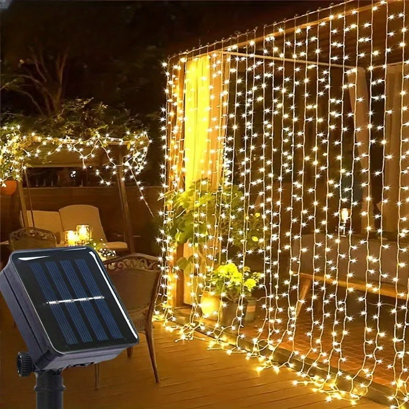 

Fairy Curtain Lights Waterproof Solar Powered Curtain String Lights for Backdrop Outside Gazebo Christmas Indoor Bedroom Decor