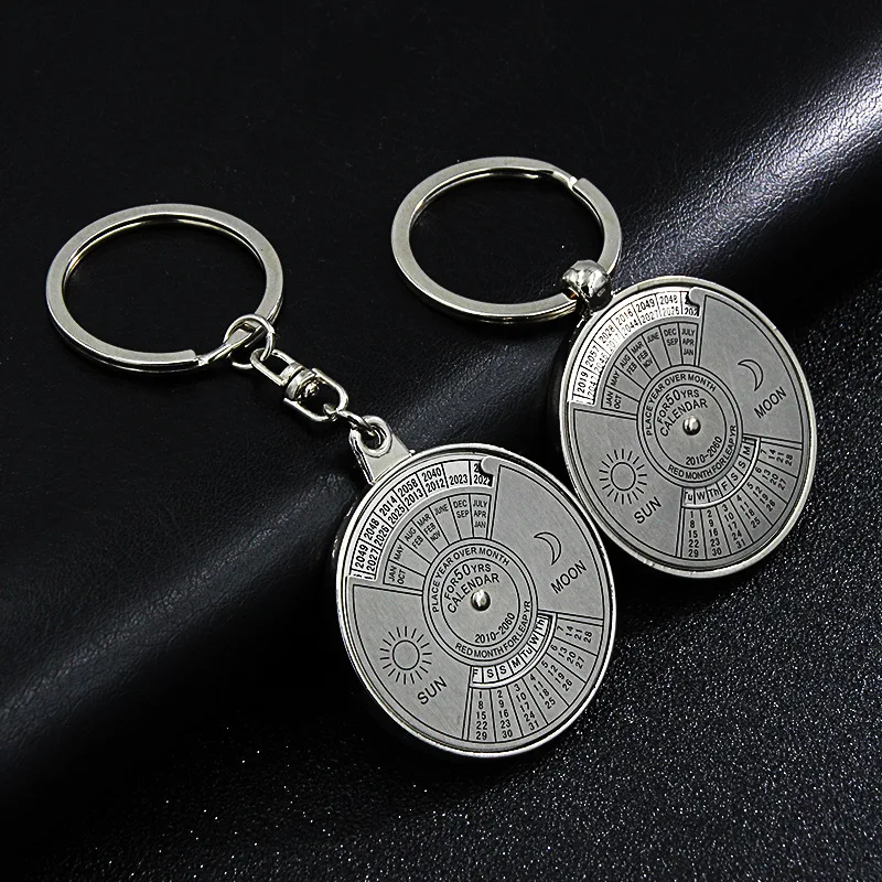 Novo exclusivo 50 anos super calendário perpétuo chaveiro sol e lua gravado metal chaveiro astrologia jóias carro tendência chaveiro