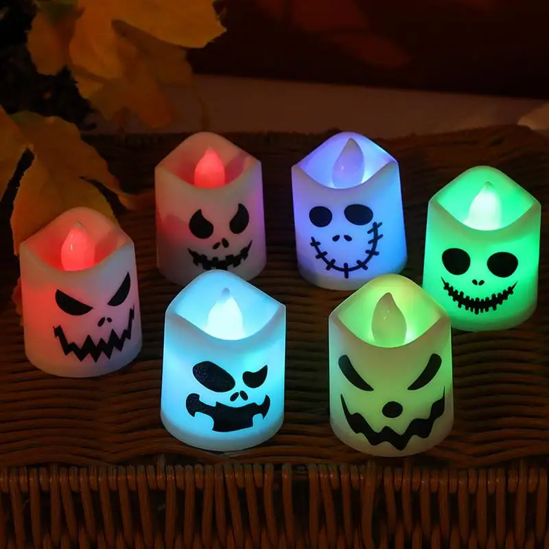 6 sztuk kreatywne Halloween świece elektroniczne duch migoczące świece bezpłomieniowe upiorne zasilane bateryjnie podgrzewacze LED Decor