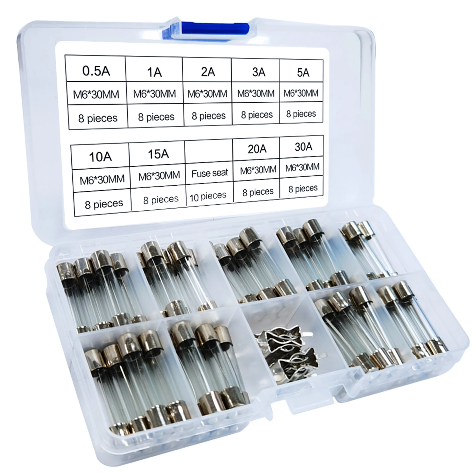 72Pcs Fast Blow Glass Tube Fuse Assorted Kit Quick Blow Automobile Car Motorbike Boat Buss Fuses (0.5A-30A 250V M6x30mm)