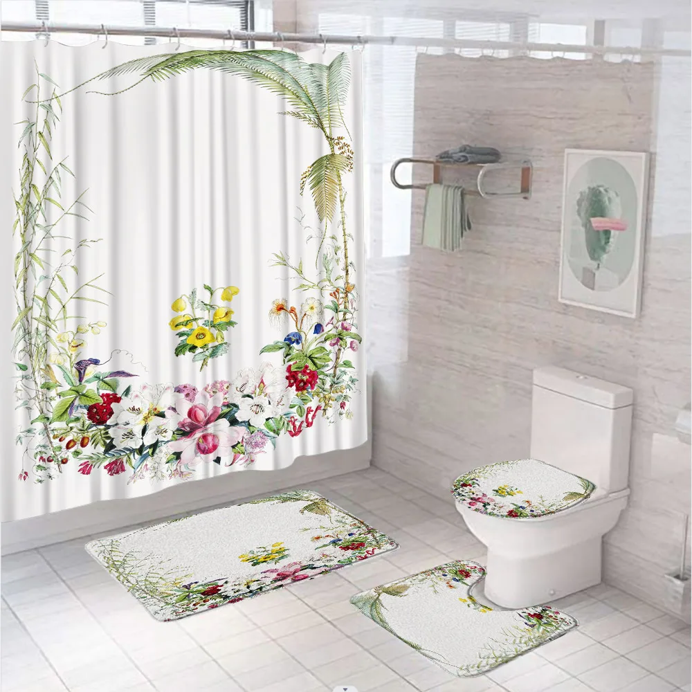 

4Pcs Watercolor Flower Shower Curtain Set Summer Plant Palm Leaves Floral Bathroom Decor Non-Slip Rug Toilet Lid Cover Bath Mat