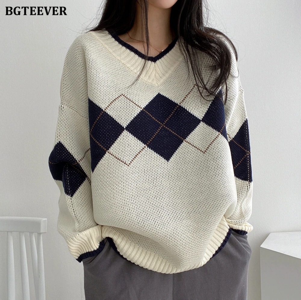 BGTEEVER Casual V-neck Warm Knitwear Autumn Winter Women Sweater Argyle Patchwork Ladies Pullovers Jumpers Loose