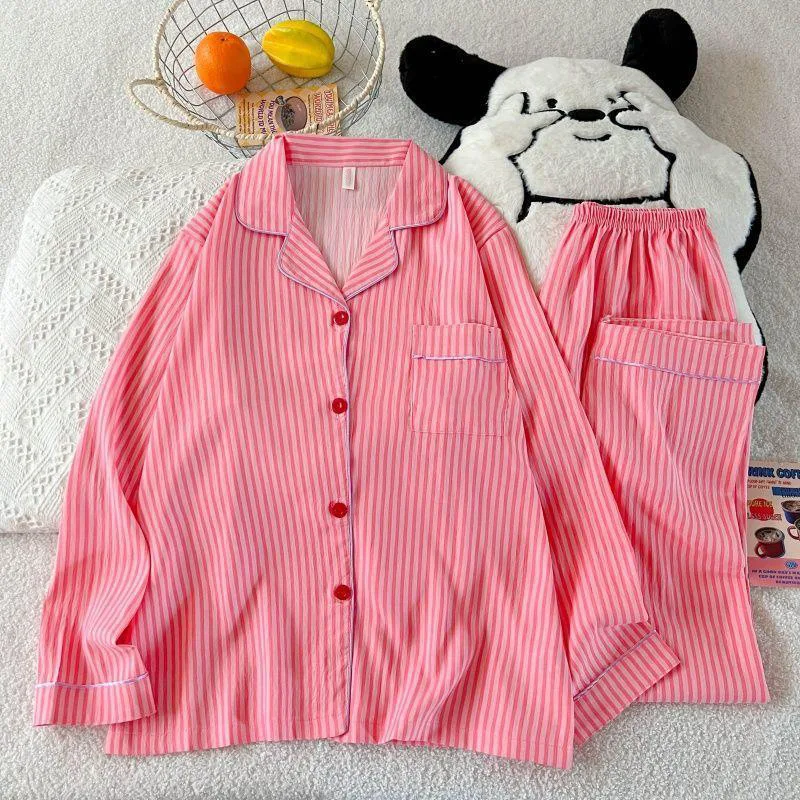 Autumn and Winter Two-Piece Women's Printed Pajamas, Long Sleeved Button Up Collar Top and Pants, Loose Casual Home Suit Set 6