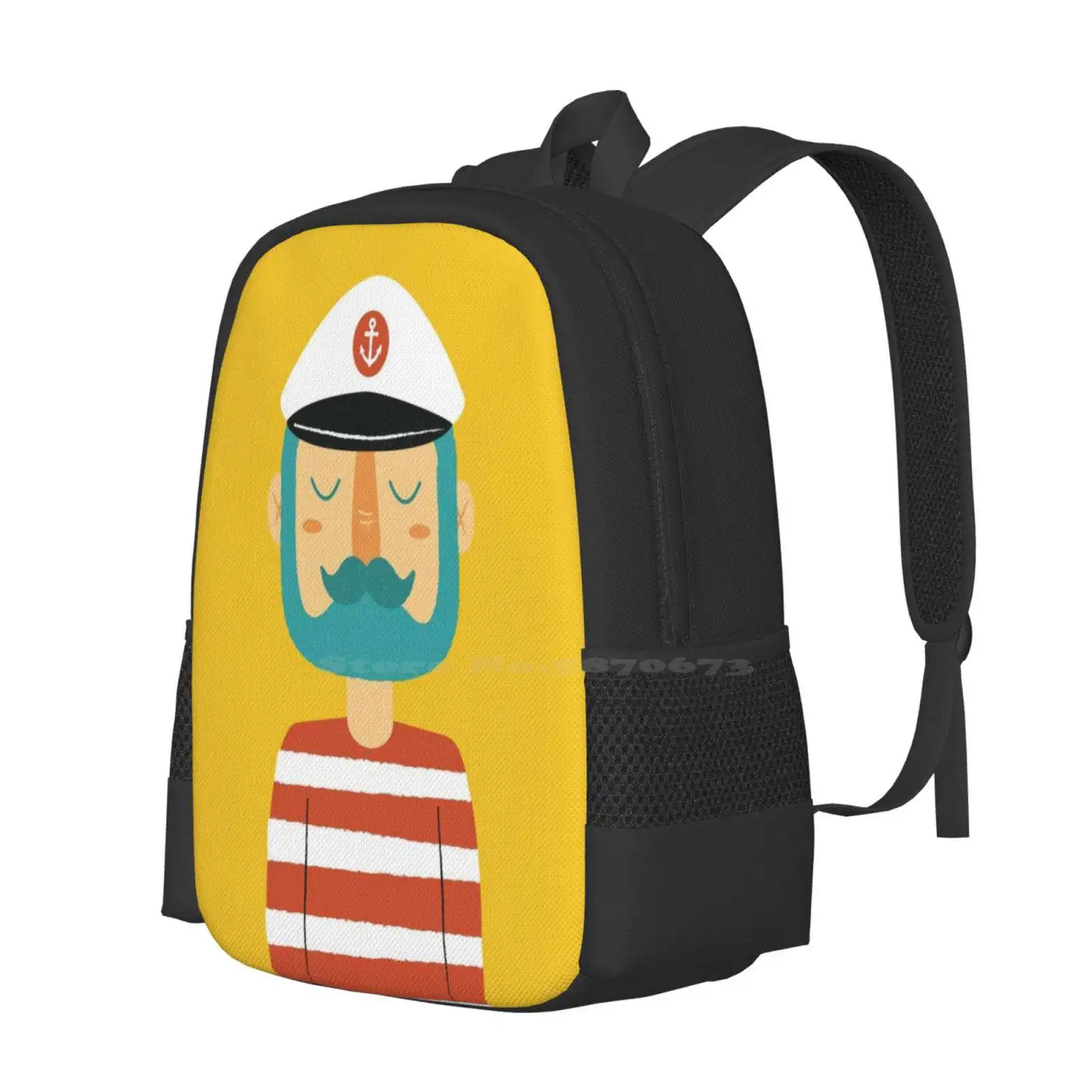 Ahoy-mochila de marinero para estudiante, bolsa de viaje para ordenador portátil, Capitán marinero, ancla, Océano, mar, barba, bigote, personaje, pescador