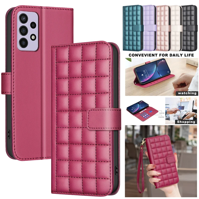 3D Checkered Pattern Wallet Bag Leather Case For Samsung Galaxy A22 A32 A12 A52 S A72 5G A02S Phone Cases Magnetic Flip Cover