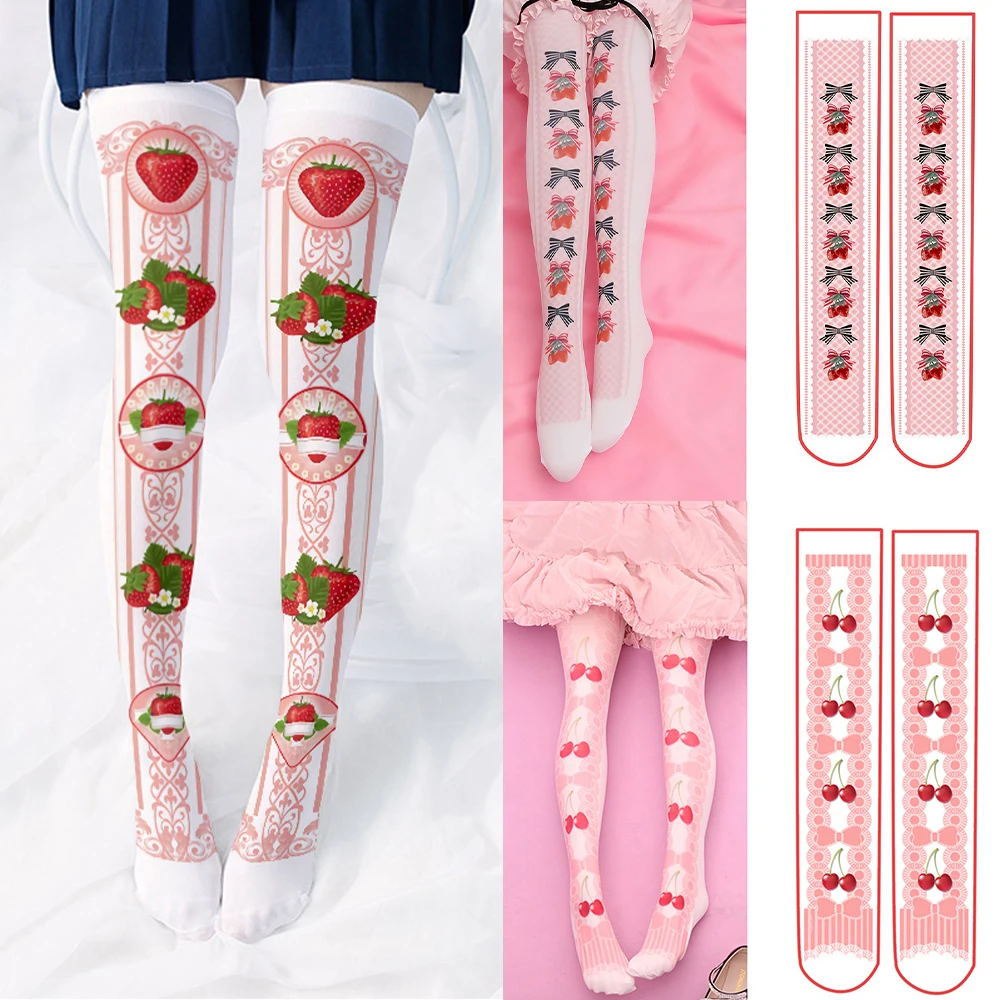 Japanese pink bow strawberry print stockings two-dimensional sweet girl knee socks friends party campus students wear stockings