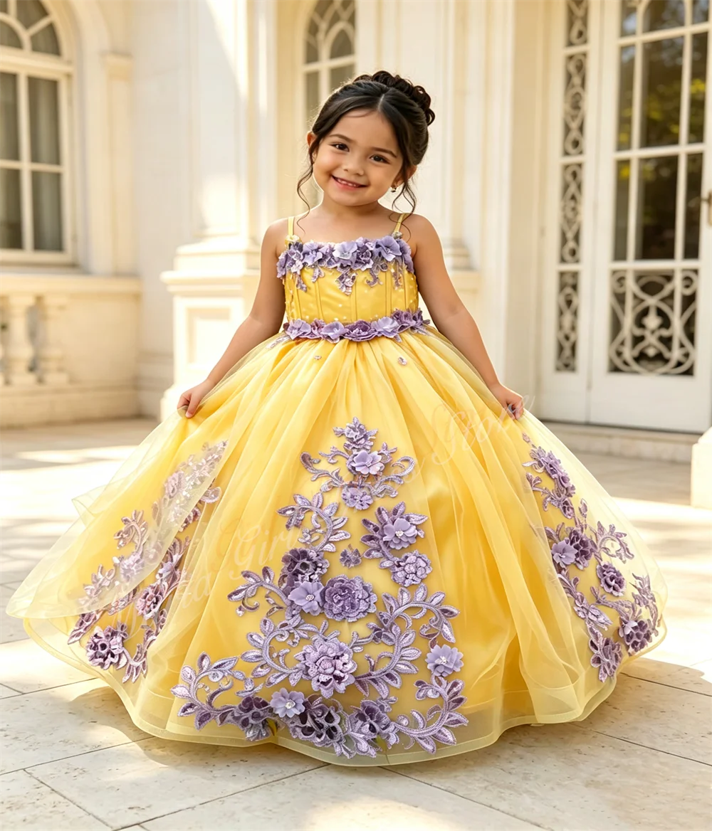3D Floral Customized Flower Girls Dress for Wedding Fluffy Ruffle Thin Straps with Bow Design Back Kids Princess Pageant Gowns