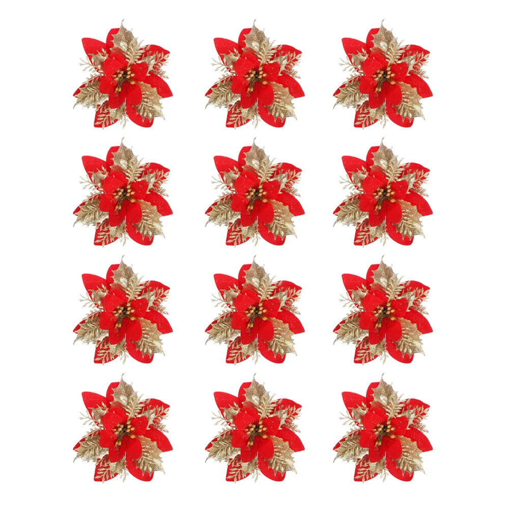 

12Pcs Christmas Tree Ornaments Glitter Powder Xmas Flowers Simulated Poinsettia Handcrafted Festive Decor Diy Party Decorations