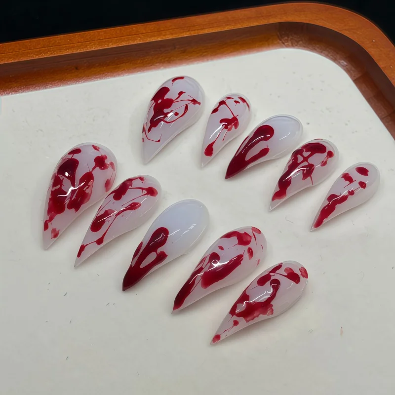 10PCS Handmade Stiletto Press On Nails, White Base Blood Splatter Drip Fake Nails Gothic Halloween Vampire False Nail Art
