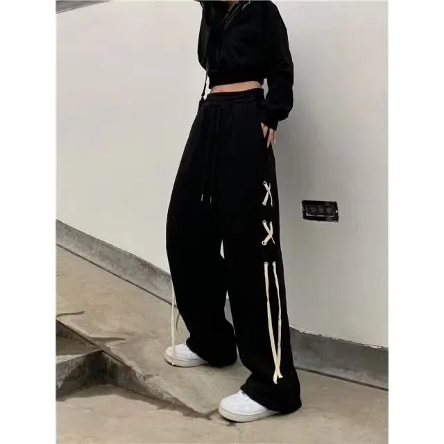 High Street Women's Loose-Fit Casual Trousers 2024 New Spring Dull Black Drawstring Sweatpants Trendy Pulled-Down Pants For Men 