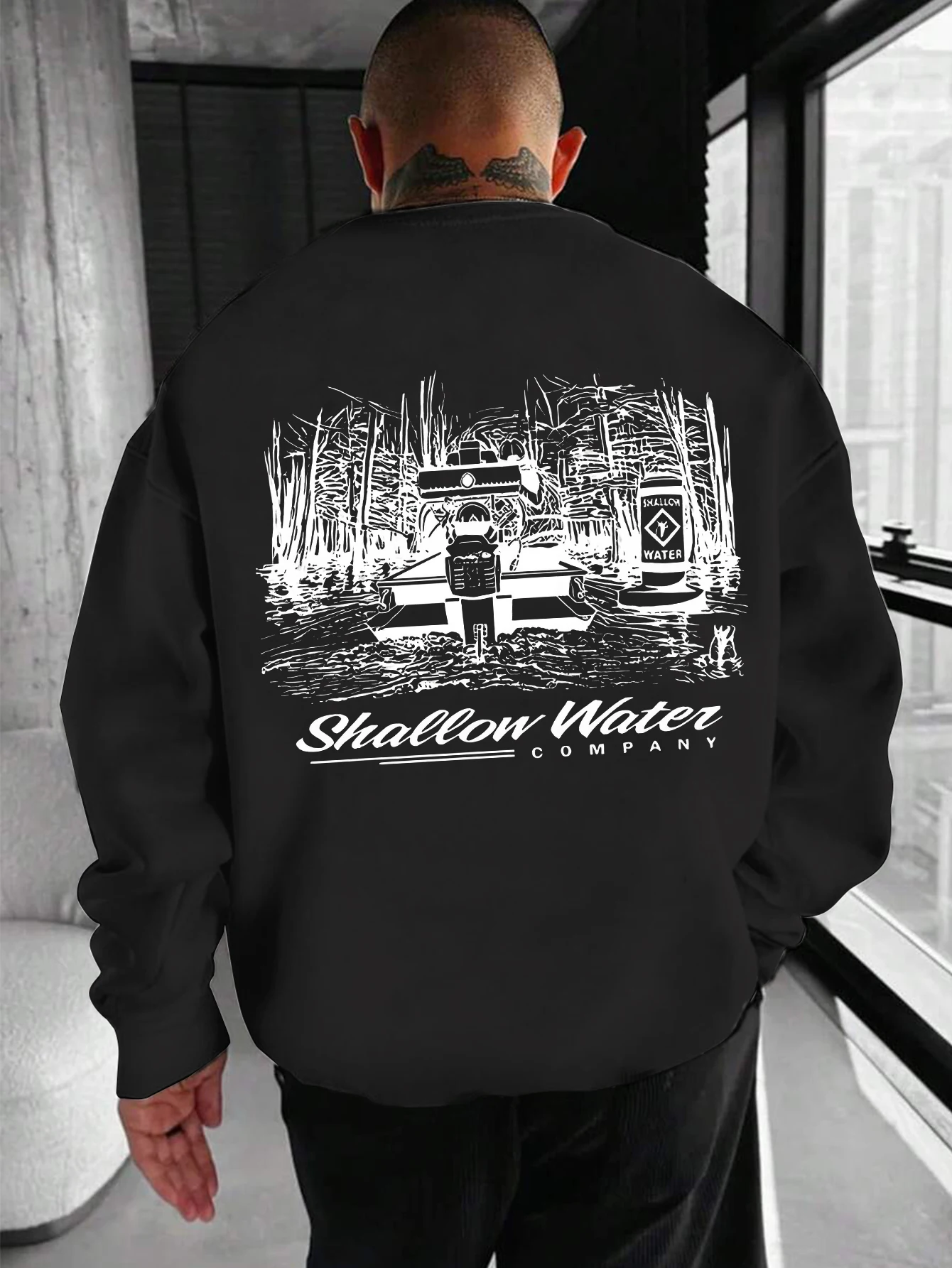 Men's Crew Neck Sweatshirt Shallow Water Company Swamp Boat Forest Graphic Print Long Sleeve Pullover Outdoor Street LooseJumper