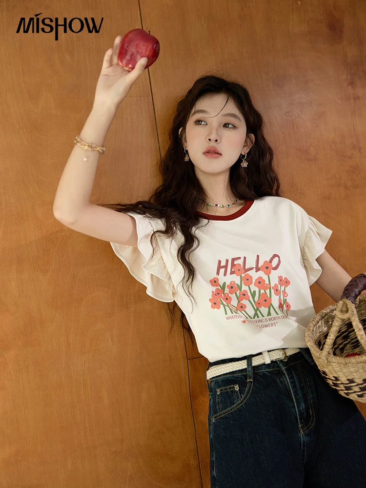 

MISHOW Ruffle Edge Flying Sleeve T-shirt 2024 Summer Contrasting Round Neck Tees Flower Printing Short Sleeved Top MXD30T0344