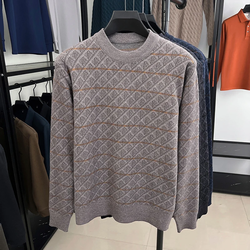 Men's Knitted Sweater Long Sleeve Crew Neck Geometric Pattern Thickened Soft Warm Autumn Winter Classic Fashion Casual Mens Wear