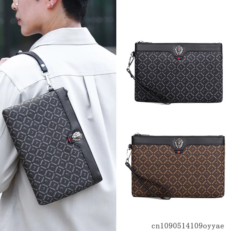 Men's Business Casual Clutch Bag Lion Head Metal Buckle Decorative Handbag for Business Casual Envelope Card pack Phone Purse