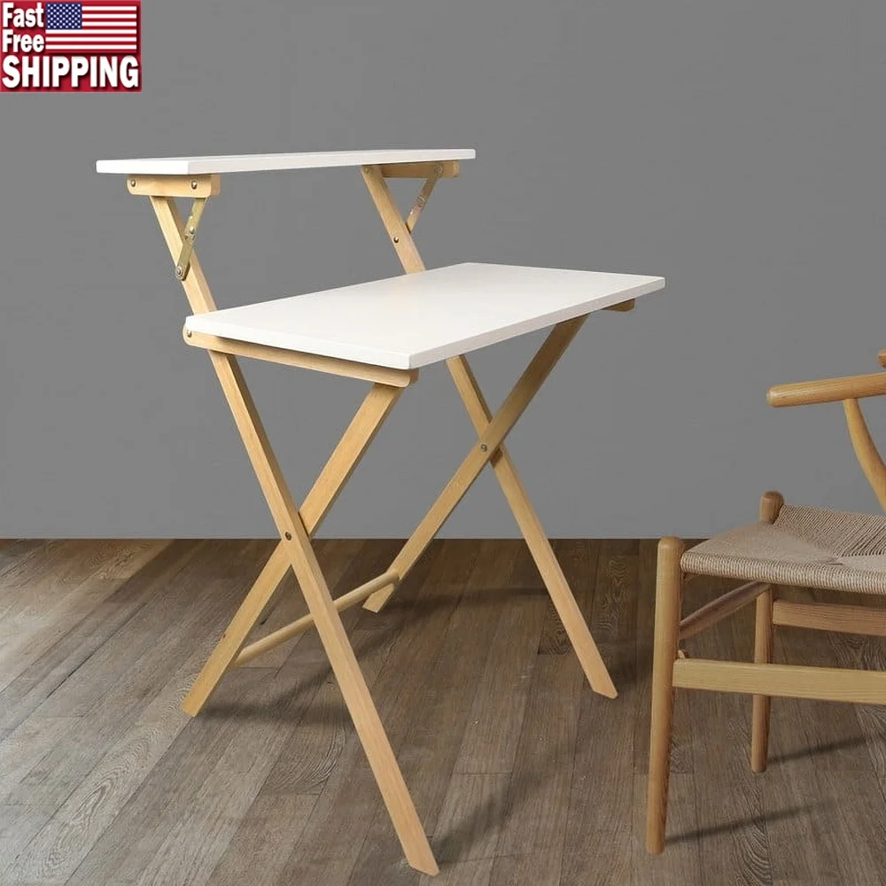 

Solid Wood Two-Tier Folding Laptop Desk Portable Space-Saving Workstation Ideal Home Office Small Spaces Durable Design