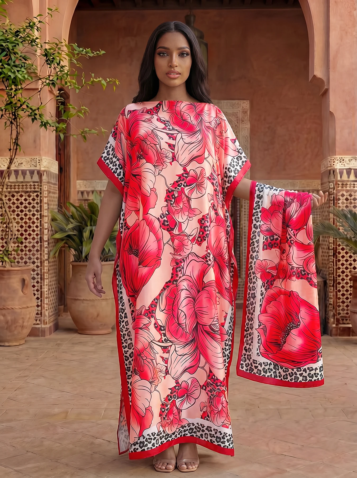 Leopard Border Big Floral Print Satin Abaya With Scarf, Loose Maxi Kaftan For Muslim Women Summer Beach Wear view 3