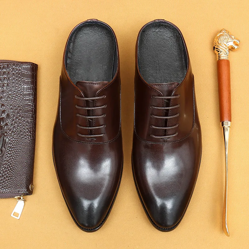 

Men'S Genuine Leather Vintage High Quality Slippers Luxury Wedding Formal Dress Classic Elegant Italian Black Shoe