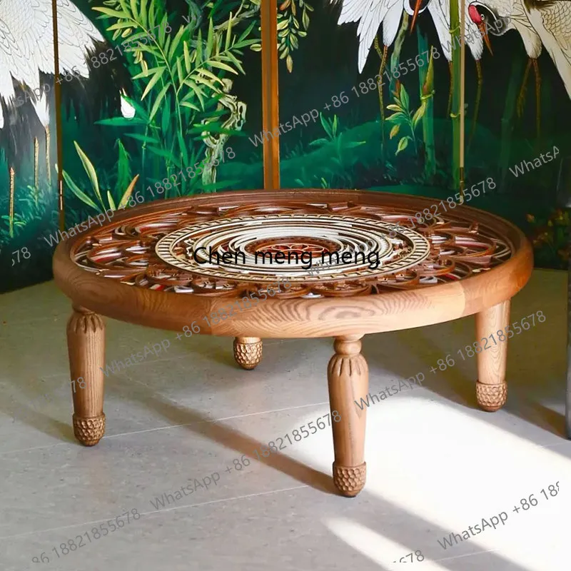 

French antique designer mandala stacked carving handmade solid wood round coffee table