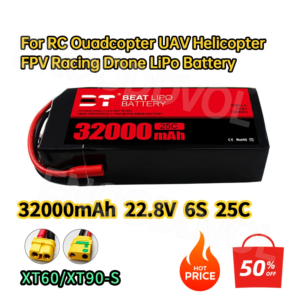 6S 32000mAh 22.8V LiPo Battery XT90-S Plug for RC Quadcopter Helicopter FPV Racing Drone Spare Parts 25C Rechargeable Battery