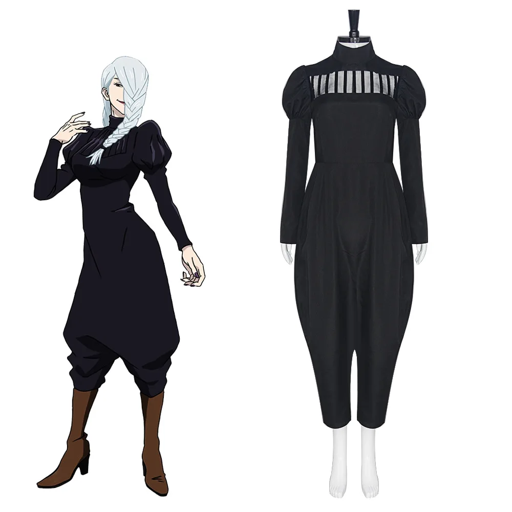 Mei Mei Cosplay Costume Anime Jujutsu Kaisen Season 2 Black High Neck Vertical Mesh Cutout Puff Sleeve Baggy Harem Jumpsuit