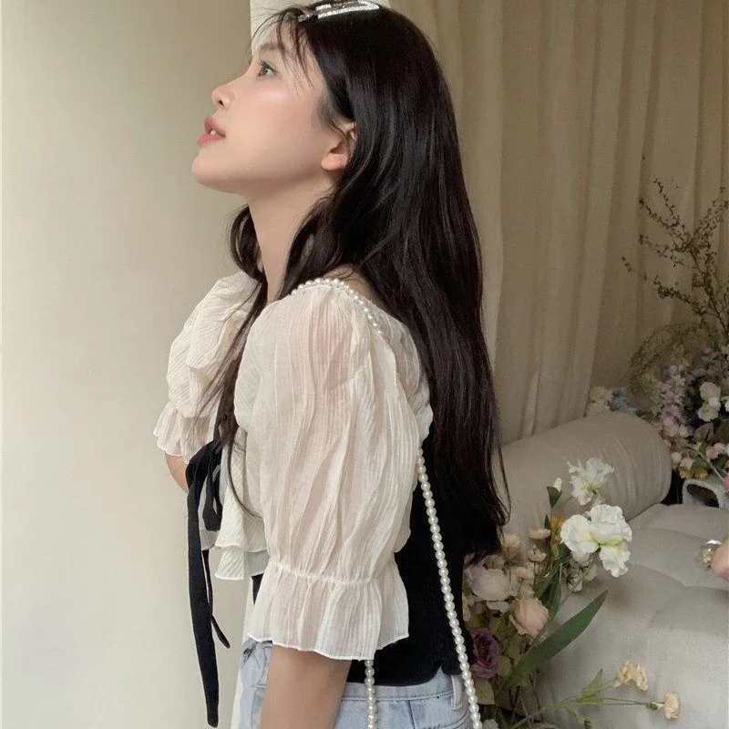 Blouses Women Kawaii Princess Summer New Patchwork Gentle Korean Style Prevalent Square Collar Streetwear Casual All-match Slim