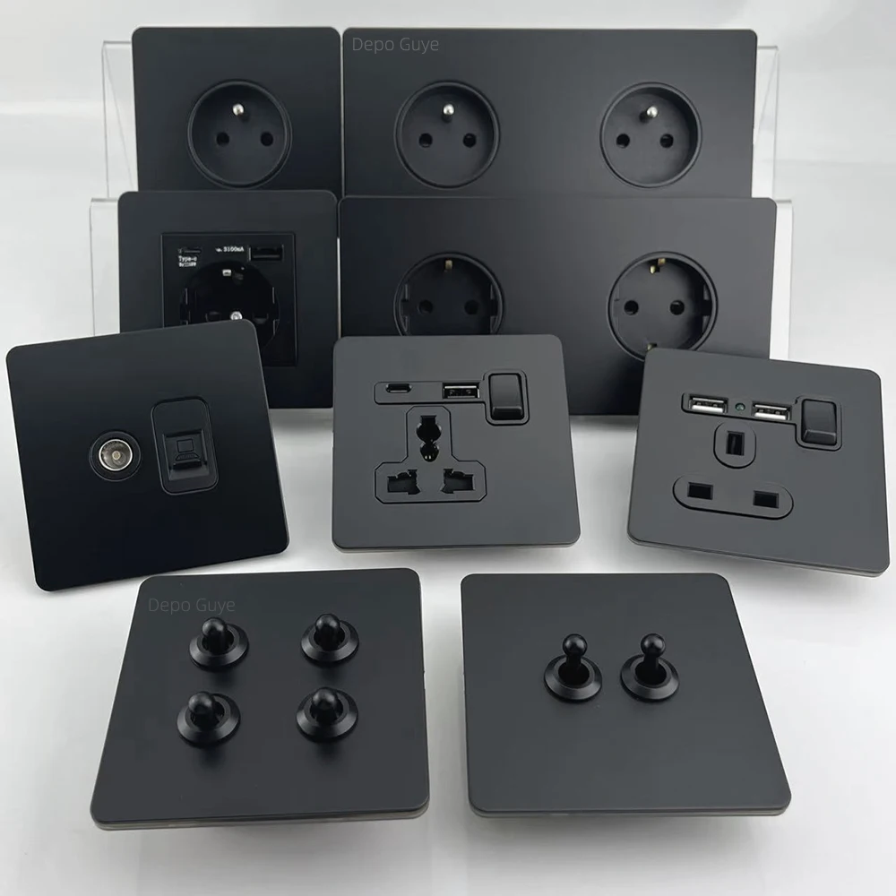 Retro Light Switch Lever Wall Power ON OFF Socket Panel,EU RU FR Black Stainless Steel Dual Usb Outlet  1-4Gang 1/2Way Switch