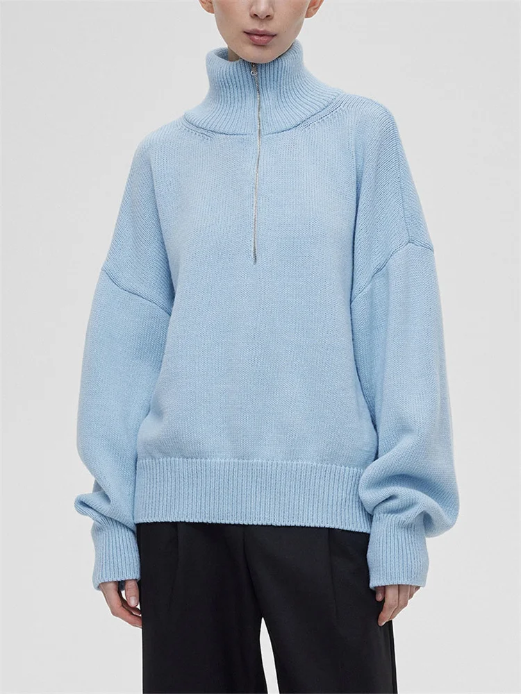 

Tossy Knit Turtleneck Zipper Pullover Women's Long Sleeve Patchwork Loose Casual Winter Knitwear Top Female Sweater Pullovers