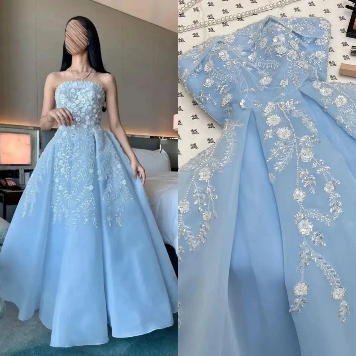 Luxury Tulle Strapless A-line Evening Dresses Elegant Backless Lace Up 3D Flowers Appliques Sequin Glitter Long Party Dress Blue