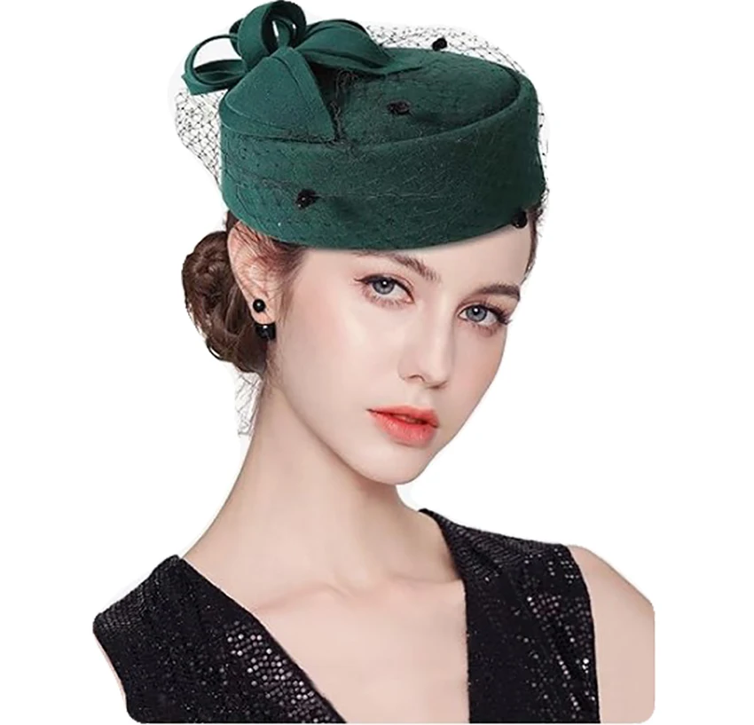 2024 NEW Wool Fascinator Hat Winter Wool Felt Pillbox Hat for Women Wedding Church Hat Veil Bowknot Fedoras