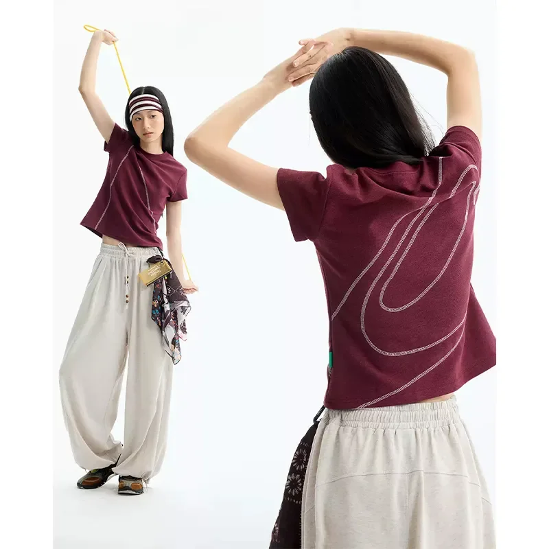 Women's Contrast Stitch Crop T-Shirt Short Sleeve Slim Fit Sporty Casual Summer Tee