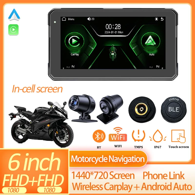 

6" Carplay IPX7 Waterproof Motorcycle Universal Display Dual Bluetooth 1080P Wireless Android Car Monitor Driving Recorder