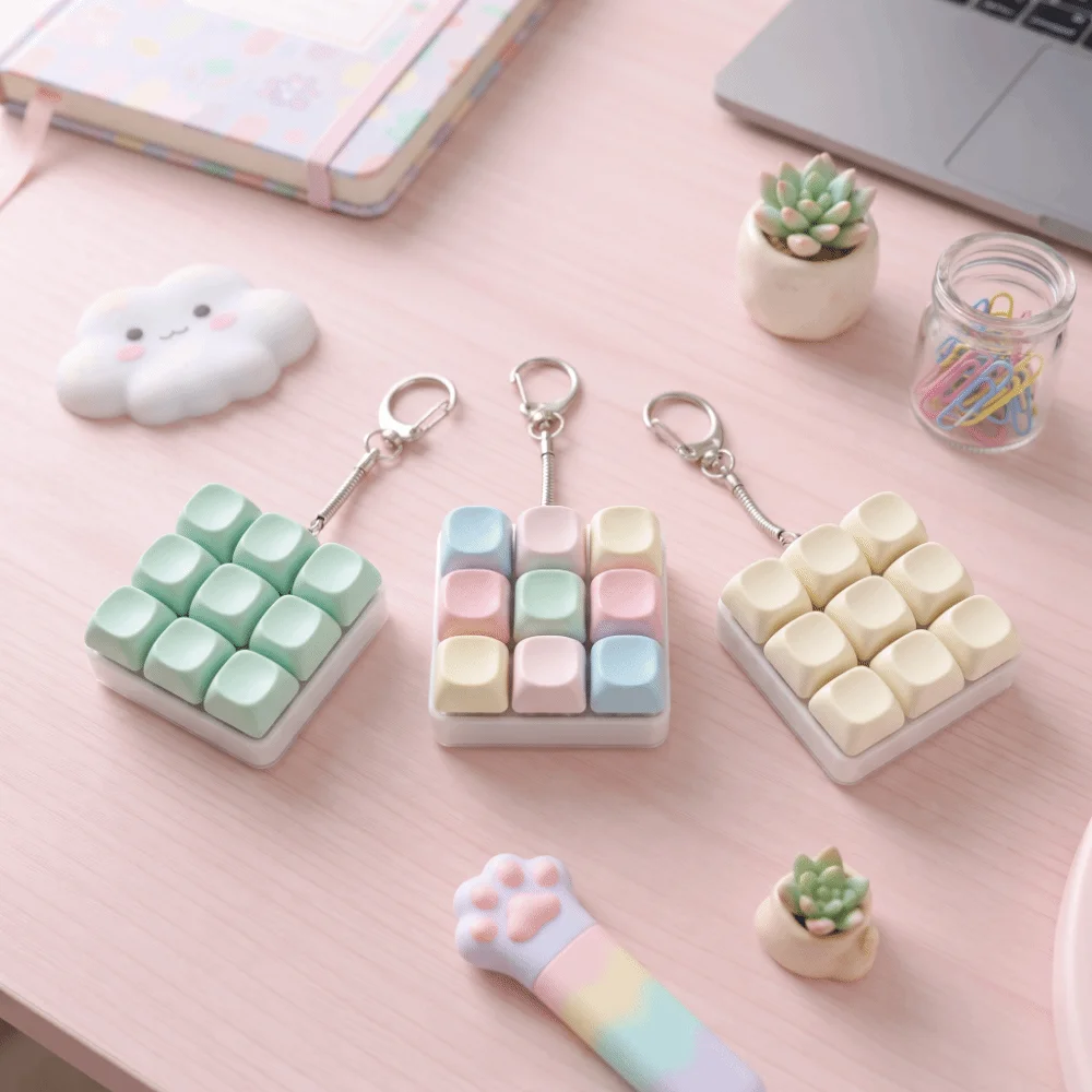 Finger Button Keycap Fidget Keychain 9 Keys DIY Fidget Button Keycap Keychain Key Cap Clicker Click Keyboard Keychain Children