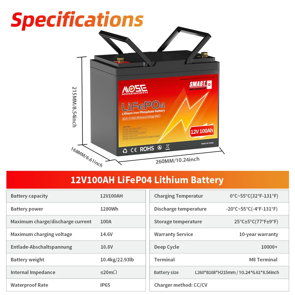 MOSEWORTH LiFePO4 12V 100Ah batterij 12,8V lithiumbatterij 8000+ cycli met Bluetooth BMS klasse A voor boot RV-campers