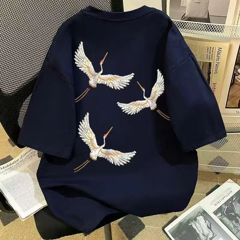 Pure Cotton National Trend Crane Print Short-sleeved T-shirt Retro Loose Top