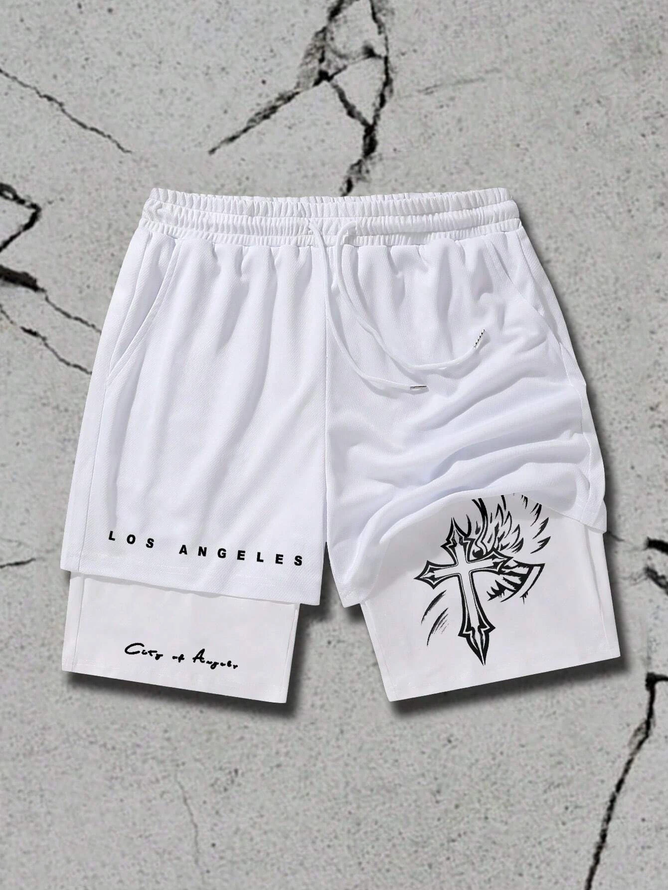 

Letter and cross print drawstring four seasons double layer shorts casual comfortable sports men's shorts street wear