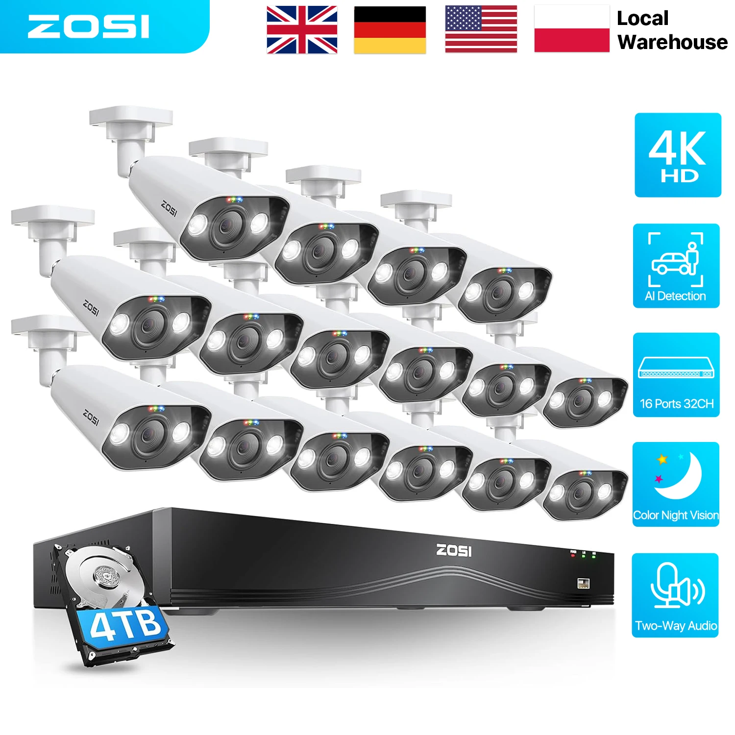 ZOSI 16-Kanal 4K PoE CCTV Sicherheitskamera Komplettsystem 16-Port 32CH Dual-Disk NVR 2-Wege-Audio 8MP Außen-Videoüberwachungsset für Heim und Gewerbe