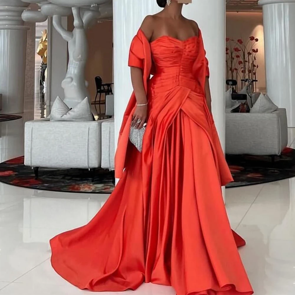 

Customized Fashion Off The Shoulder Satin Evening Dresses Modern A-Line Floor Length Strapless Half Sleeves Celebrity Dress