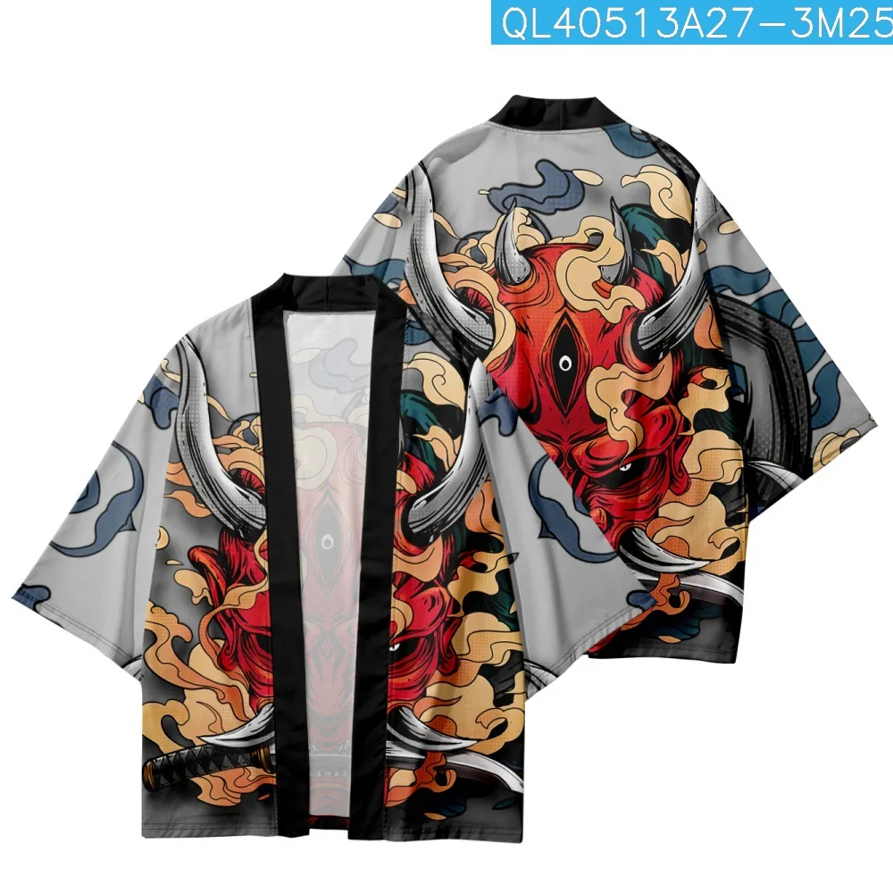 

Couple Women Men Loose Casual Cartoon Japan Prajna Printed Cardigan Haori Yukata Summer Kimono Beach Shorts Streetwear