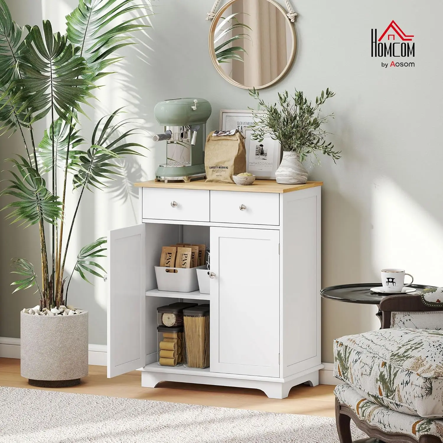 

Sideboard with Solid Wood Countertop,Modern Kitchen Storage Cabinet,Coffee Bar Cabinet with 2 Drawers,Doors and Adjustable Shelf