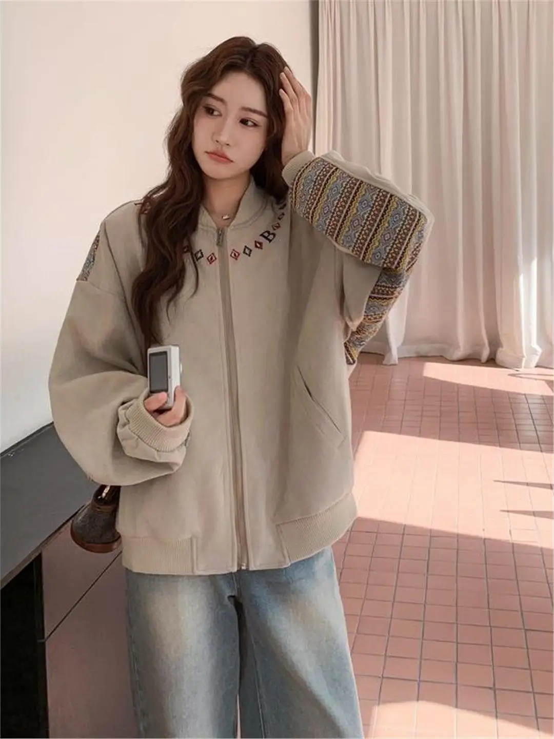 

Casual Sle Patchwork Baseball Jaet Men Women Spring Autumn Season Trendy Ethnic Sle Top American Design Loose Fit Outer...