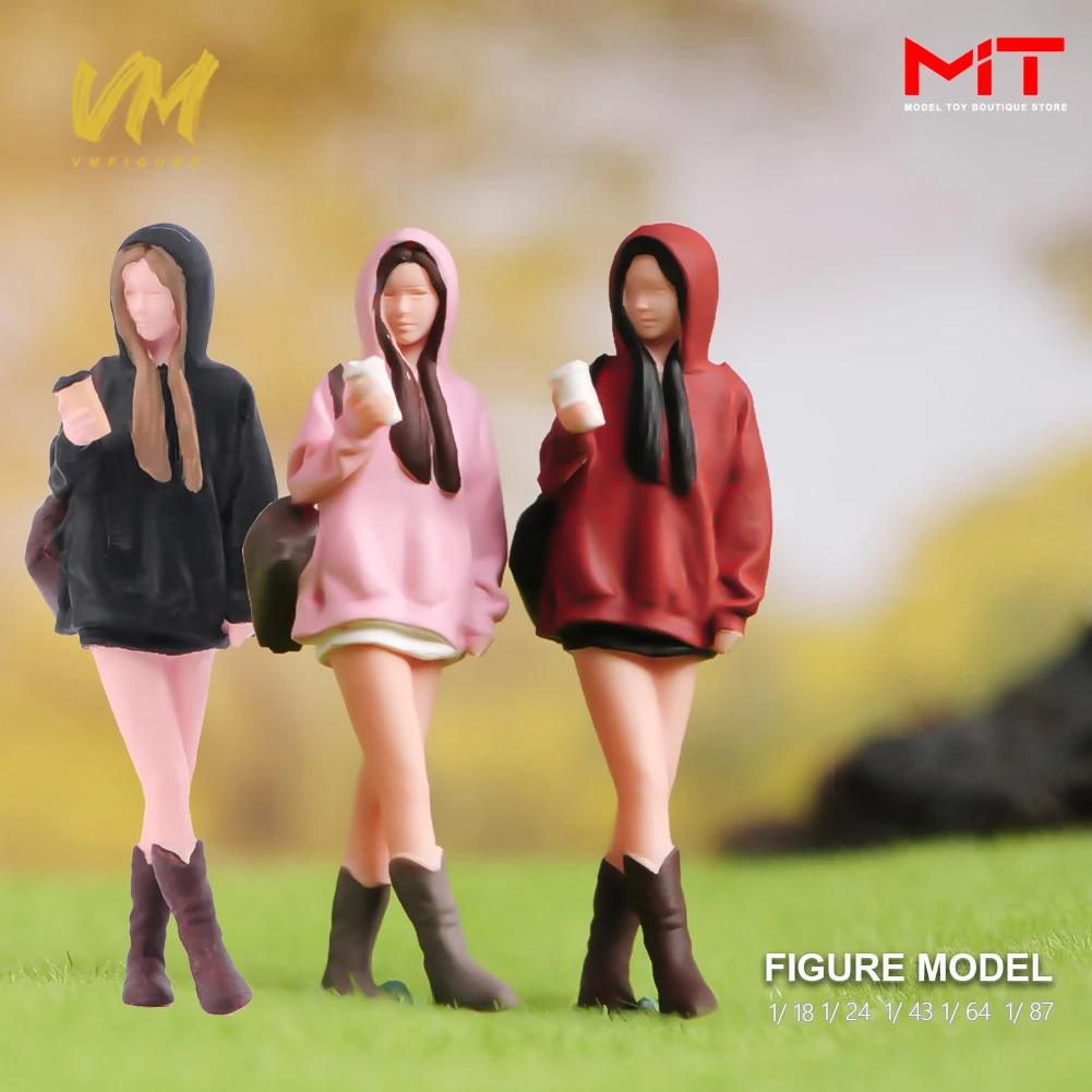 Painted Miniature 1/87 1/64 1/43 1/24 1/18 Beauty Girls Wearing a hoodie Figure Diorama Doll Creative Scene Props Resin Model