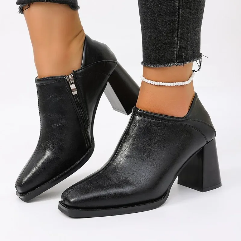 Women's Square Toe High Heels 2026 Spring and Autumn New Style Thick Heel Deep Mouth Side Zipper Women's Single Shoes