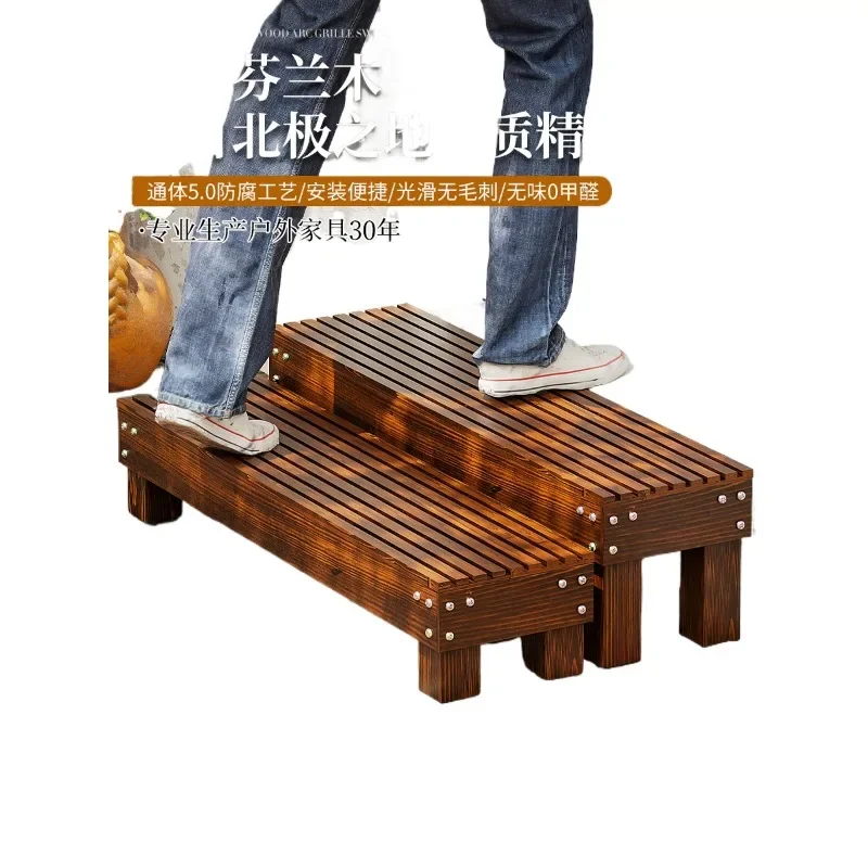 Outdoor two-step steps, foot balcony, wooden staircase, entrance staircase, stepboard, wooden floor, booster stool