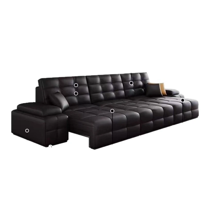Electric backrest function, genuine leather sofa bed, first-floor cowhide in the living room, extendable for small apartments