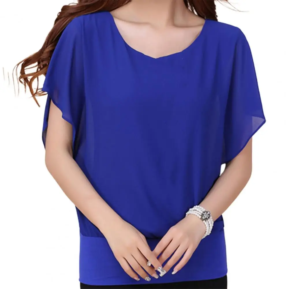 Blusa de gasa para mujer, Top de Color sólido con cuello redondo, jersey con manga de murciélago y volantes, Top de verano