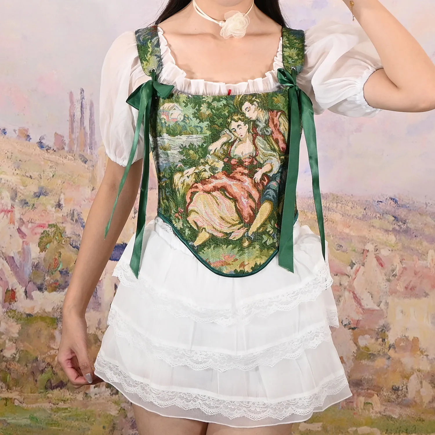 

Green Corset Retro Print Court Style Exquisite Vintage European Couple Double Back Lacing corset top